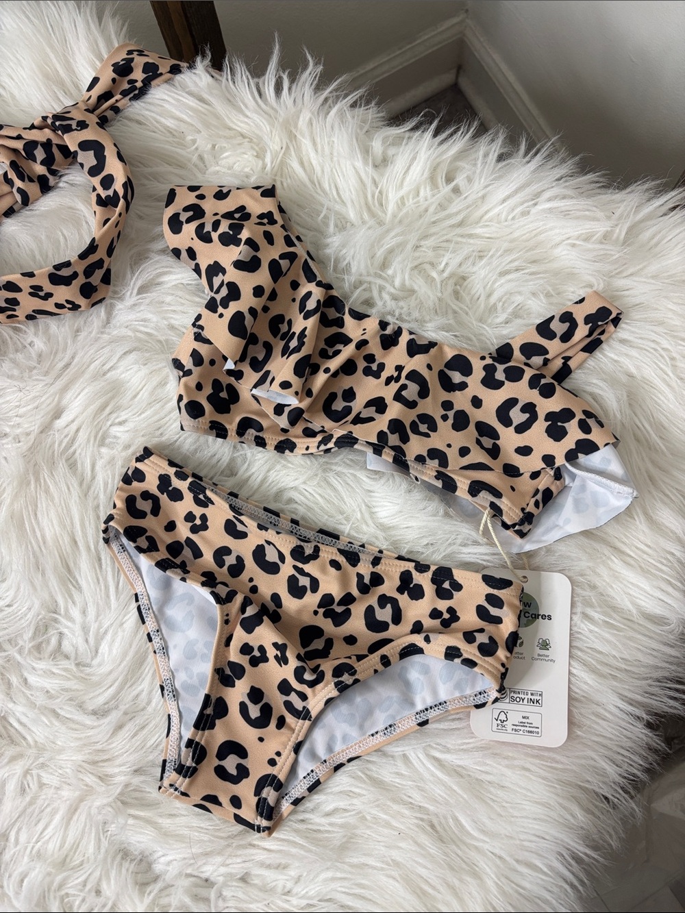 PatPat Tan & Black Leopard Ruffle One-Shoulder Kids Bikini Size 2T
